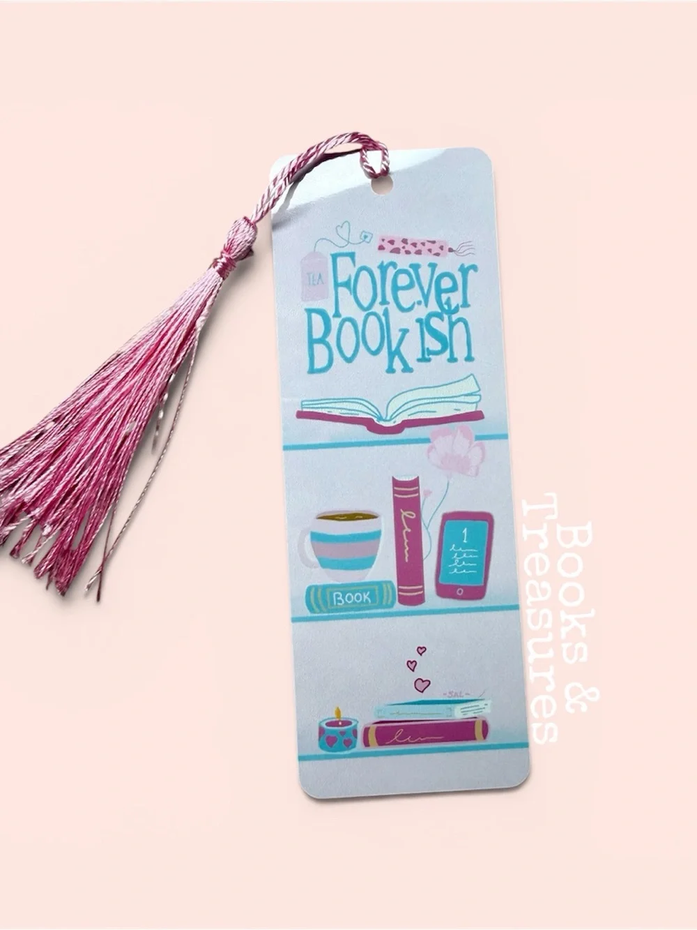 Forever Bookish Pink Bookmark with Tassel Handmade Hand Drawn